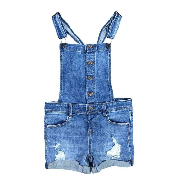 Cat & Jack Medium Wash Distressed Overall Shorts - Size Medium (7/8) - Picture 1 of 4